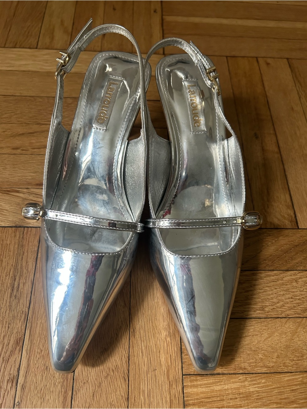 Larroude. Silver Pointed Toe Slingback Heel
